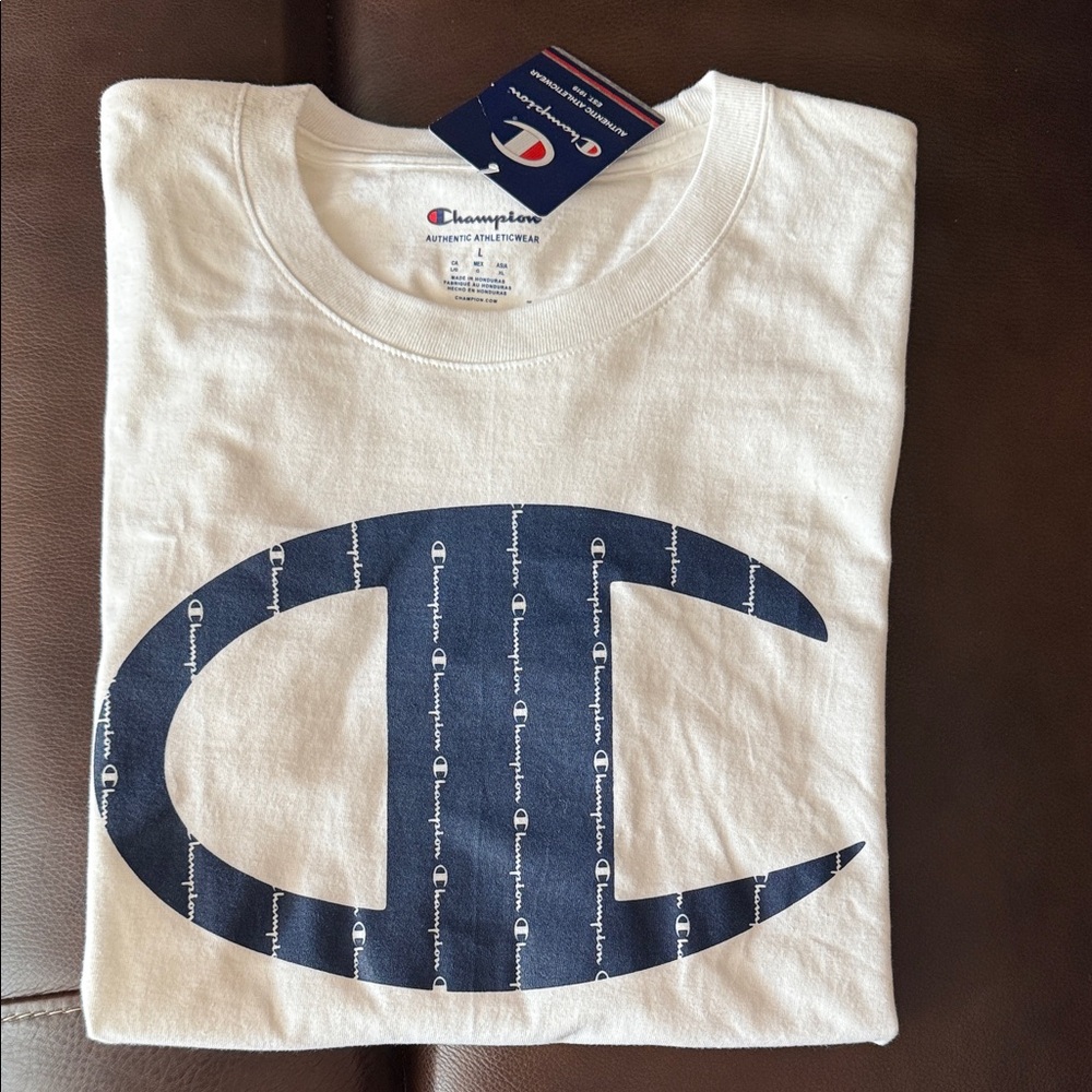Champion White Tee with Navy Logo